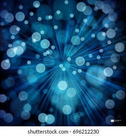 Blue abstract background with rays, bokeh defocused lights.