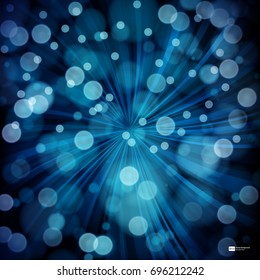 Blue abstract background with rays, bokeh defocused lights.