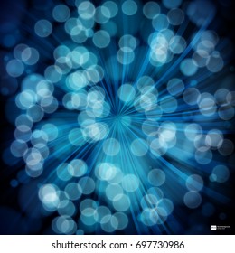 Blue abstract background with rays, bokeh defocused lights.