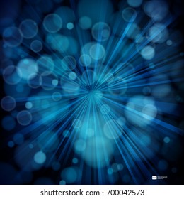 Blue abstract background with rays, bokeh defocused lights.