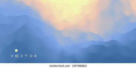 Blue abstract background. Realistic landscape with waves. Cover design template. 3d vector illustration.