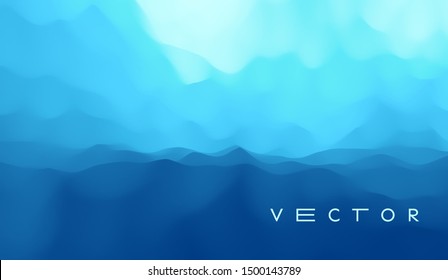 Blue abstract background. Realistic landscape with waves. Cover design template. 3d vector illustration.