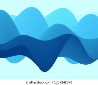 Blue abstract background. Realistic landscape with waves. Cover design template. 3d vector illustration.