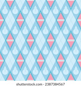 Forma de diamante transparente con fondo abstracto azul. Tela de tela de estilo arcillo patrón sombrero de navidad y muñeco de nieve. Diseño textil para textiles, ropa, carteles, paredes. Ilustración vectorial.
