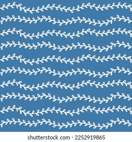 Blue abstract background, seamless white leaves pattern on a blue background.