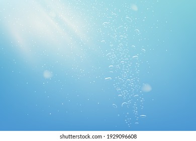 Blue abstract background with sparkles. Water with bubbles and white light shining from sky vector illustration. Magic bright summer wallpaper, poster or celebration card.