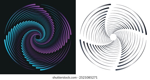 Blauer abstrakter Hintergrund mit spiralförmigen Kreislinien, Technologie futuristische Vorlage. Vektorgrafik.