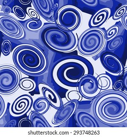 Blue abstract background with spiral curls. Seamless vector pattern.