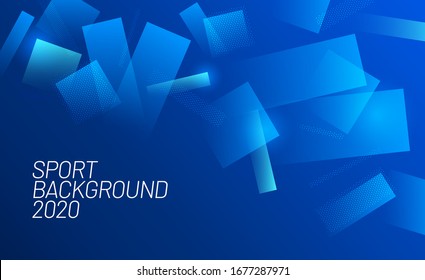 Blue abstract background for sport event. Graphic design for poster and flyer, brochure and card. Sports background with flying geometric shapes.