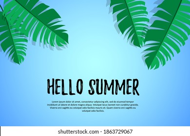 blue abstract background with summer green leaves