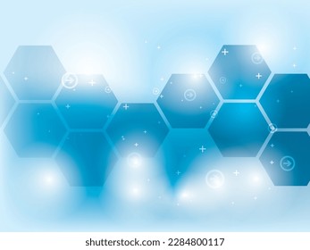 Fondo abstracto azul con diseño de elementos tecnológicos y científicos y formas geométricas hexagonales.