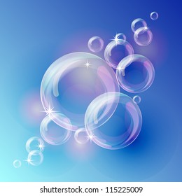 Blue abstract background with transparent bubbles. Vector