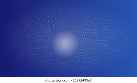 Blue abstract background with a transparent sphere at the center of circular dotted parallel lines