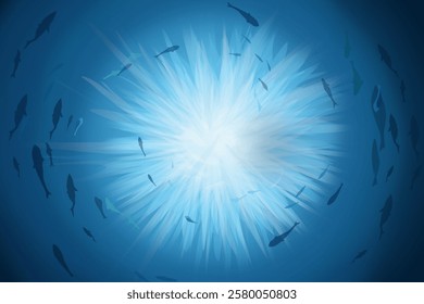 blue abstract background underwater scenery with silhouettes of schools of fish