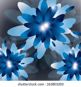 Blue Abstract Background with Vector Flowers.