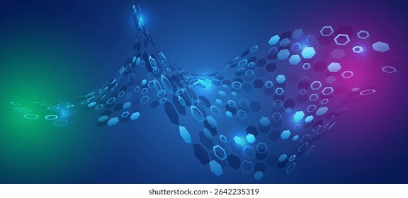 Blue abstract background with wave-like shape of hexagons and light effects. Used in design of technologies, digital products and scientific projects. Suitable for banners, covers and presentations.