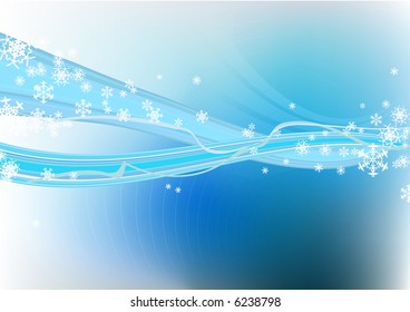  Blue abstract background with waves, ribbons and snowflakes. Vector illustration.