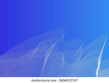 Blue abstract background with white waves made of dotted lines