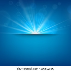 Blue abstract blurry background with sun lens flare. Vector illustration. 