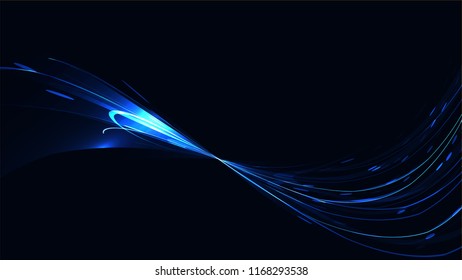 Blue abstract bright magical cosmic bright light-shining texture background of strips, energetic lines, threads intertwined and copy space. Vector illustration.