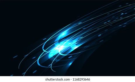 Blue abstract bright magical cosmic bright light-shining texture background of strips, energetic lines, threads intertwined and copy space. Vector illustration.
