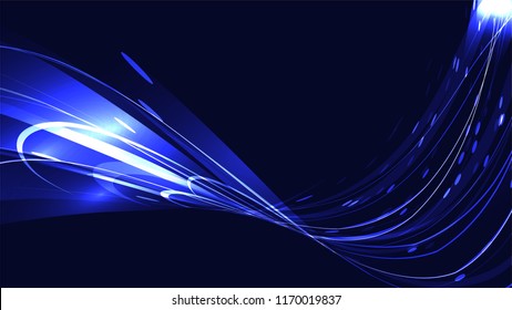Blue abstract bright magical cosmic energy electric bright bright light texture background of strips, energetic lines, threads intertwined together and copy space. Vector illustration.