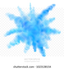 Blue abstract burst. Vector explosion of color powder. Realistic splash of sky-blue pigment. Fluffy cloud of wet azure dye. Transparent watercolor blot made by gradient mesh without untidy tracing.