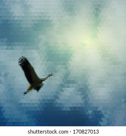 Blue abstract card geometric background with flying stork, clouds and sky. Vector illustration
