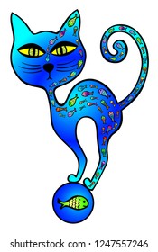 The blue abstract cat is standing on the balloon with fish inside