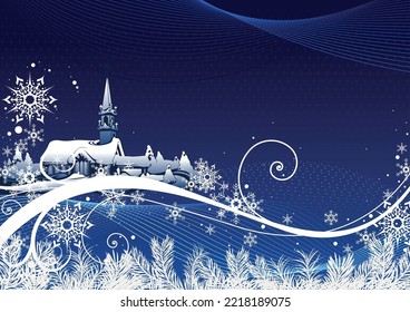 Blue Abstract Christmas Background with Snowy Spiral Decoration and Snowy Church - Colored Illustration, Vector