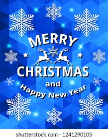 Blue abstract Christmas background with white snowflakes and deers. Design for new year greeting card. Vector illustration.
