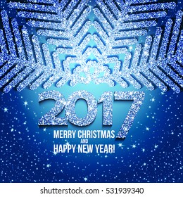 Blue abstract Christmas snowflake and 2017 New Year text with lights and sparkles. Vector illustration