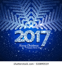 Blue abstract Christmas snowflake and 2017 New Year text with lights and sparkles. Vector illustration