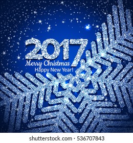 blue abstract Christmas snowflake and 2017 New Year text with lights and sparkles. Vector illustration