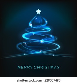 blue abstract christmas tree design with shiny lines in square format card vector winter season illustration