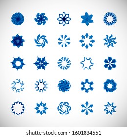blue Abstract Circle Icon Set. Vector Isolated On Gray. Abstract Circular Logo For Company Symbol, Star, Tech Icon And Element Design. Creative Icons For Flower And Decorative Logo. Abstract Round Template