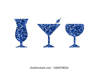 Blue abstract cocktail icons set. Silhouette with tinsel. Vector illustration.