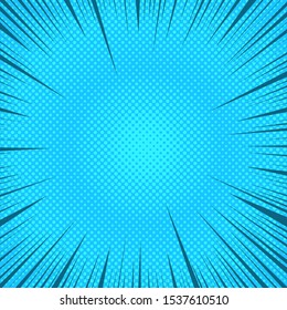Blue abstract comic background with halftone and rays effects. Vector illustration