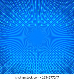 Blue abstract comic background with radial rays halftone and dotted effects. Vector illustration