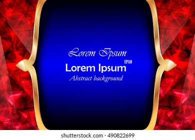 blue abstract composition, event info text, elegant geometric font texture, creative ruby figure icon, ruby crystal facets with golden frame
