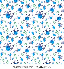 Flores de milho abstratas azuis. Feito à mão. Padrão Perfeito. 