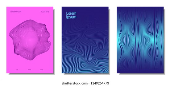 Blue Abstract Covers with Movement Effect. Wave Striped Backgrounds. Geometric Templates Set with Flow Lines. EPS10 Vector Design. 3D Abstract Distortion for Brochure, Magazine, Music Poster, Book.