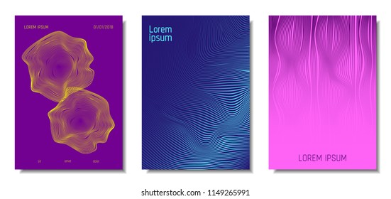 Blue Abstract Covers with Movement Effect. Wave Striped Backgrounds. Geometric Templates Set with Flow Lines. EPS10 Vector Design. 3D Abstract Distortion for Brochure, Magazine, Music Poster, Book.