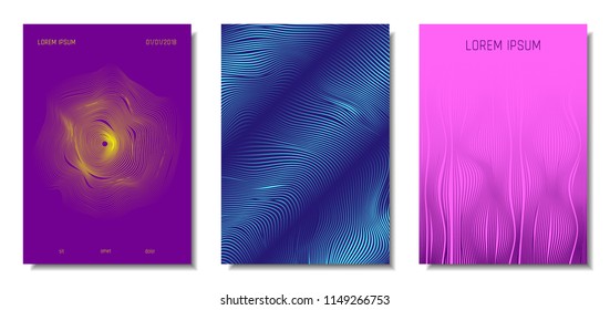 Blue Abstract Covers with Movement Effect. Wave Striped Backgrounds. Geometric Templates Set with Flow Lines. EPS10 Vector Design. 3D Abstract Distortion for Brochure, Magazine, Music Poster, Book.