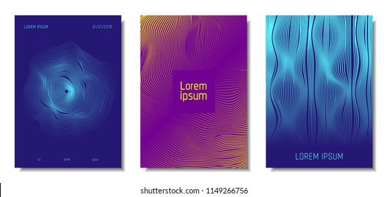 Blue Abstract Covers with Movement Effect. Wave Striped Backgrounds. Geometric Templates Set with Flow Lines. EPS10 Vector Design. 3D Abstract Distortion for Brochure, Magazine, Music Poster, Book.