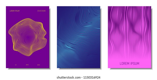 Blue Abstract Covers with Movement Effect. Wave Striped Backgrounds. Geometric Templates Set with Flow Lines. EPS10 Vector Design. 3D Abstract Distortion for Brochure, Magazine, Music Poster, Book.