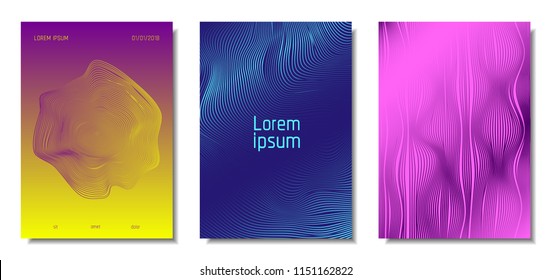 Blue Abstract Covers with Movement Effect. Wave Striped Backgrounds. Geometric Templates Set with Flow Lines. EPS10 Vector Design. 3D Abstract Distortion for Brochure, Magazine, Music Poster, Book.