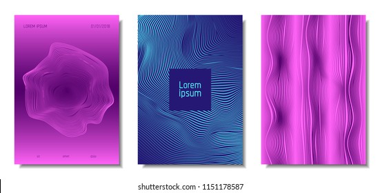 Blue Abstract Covers with Movement Effect. Wave Striped Backgrounds. Geometric Templates Set with Flow Lines. EPS10 Vector Design. 3D Abstract Distortion for Brochure, Magazine, Music Poster, Book.