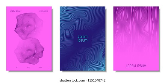 Blue Abstract Covers with Movement Effect. Wave Striped Backgrounds. Geometric Templates Set with Flow Lines. EPS10 Vector Design. 3D Abstract Distortion for Brochure, Magazine, Music Poster, Book.