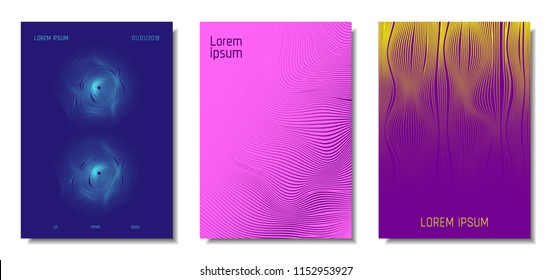 Blue Abstract Covers with Movement Effect. Wave Striped Backgrounds. Geometric Templates Set with Flow Lines. EPS10 Vector Design. 3D Abstract Distortion for Brochure, Magazine, Music Poster, Book.
